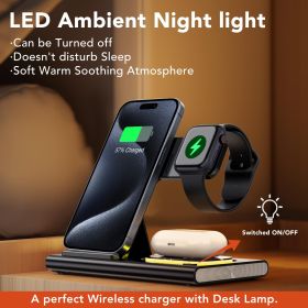 Wireless Charger Station, 4 In 1 Foldable 15W Fast Charging Wireless Charging Station With Night Light For IPods IWatch (Color: Black)