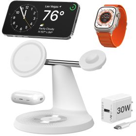 3 In 1 Wireless MagSafe Charging Station For Multiple Devices 30W Adapter Included (Color: White)